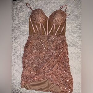 Fashion Nova corset Sequin Dress in Rose Gold